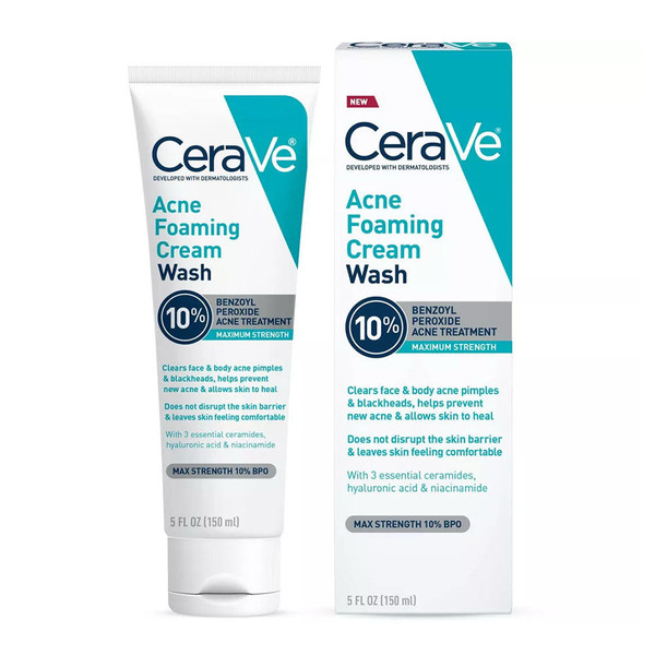 Cerave Acne Foaming Cream Wash | Gentle Face And Body Acne Cleanser, 5 Oz