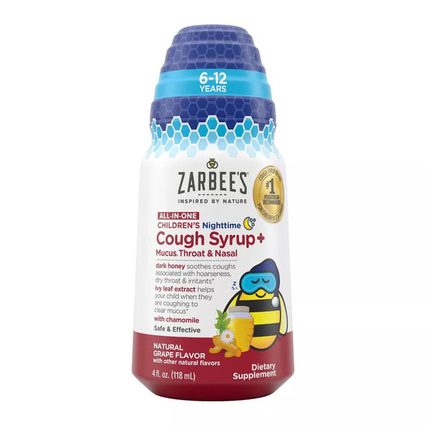 Zarbee'S Kids All-In-One Nighttime Cough For Children 6-12 With Dark Honey, Turmeric, B-Vitamins & Zinc, 4 Fl Oz