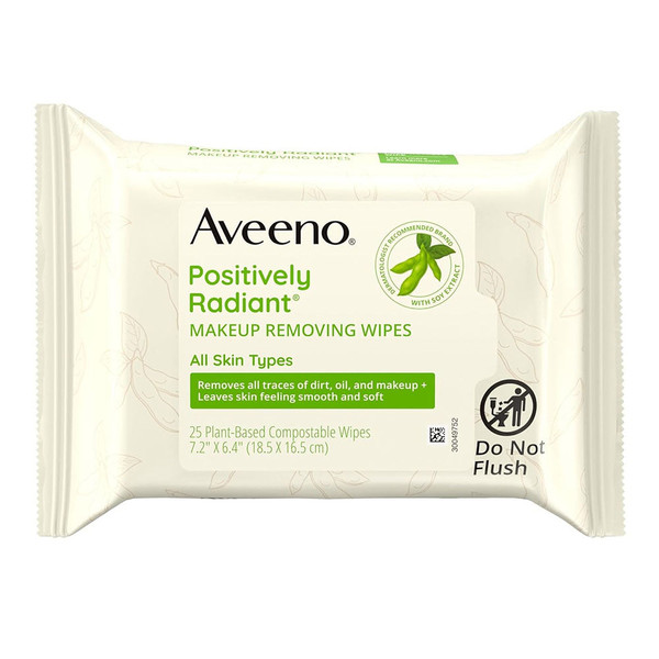 Aveeno Positively Radiant Alcohol Free Makeup Removing Face Wipes, 25Ct