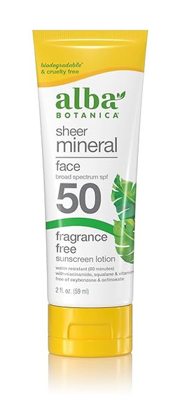 Alba Botanica Sunscreen For Face, Fragrance-Free Sheer Mineral Face Sunscreen Lotion, Broad Spectrum Spf 50,