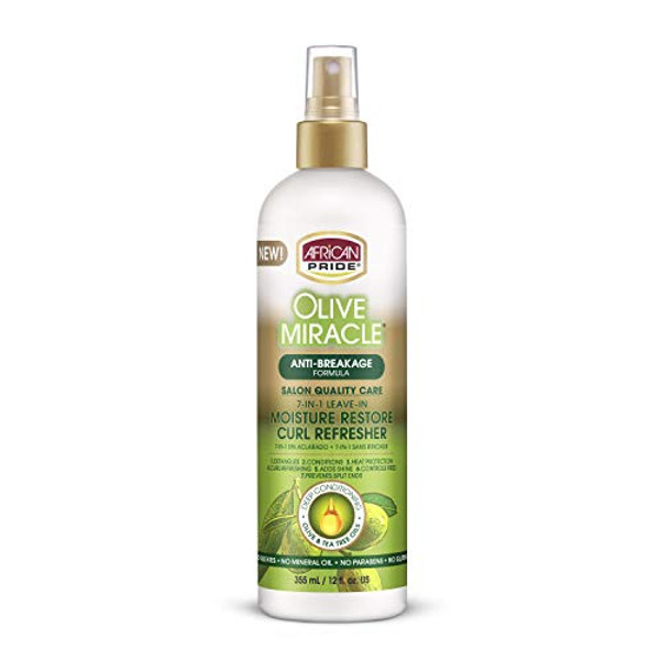 African Pride Olive Miracle 7-In-1 Leave-In Moisture Restore Hair Curl Refresher, Provides Moisture & Helps Repair Natural Coils & Curls, Enriched With Olive & Tea Tree Oil, 12 Oz