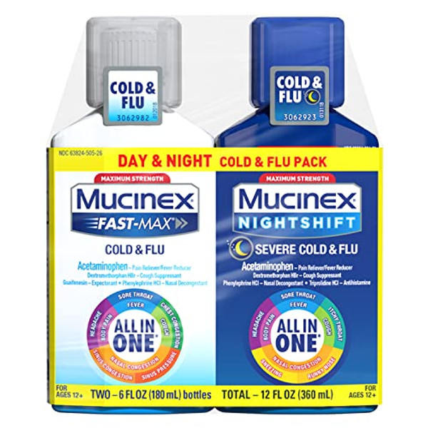 Mucinex Maximum Strength Fast-Max Cold & Flu And Nightshift, All-In-One Multi Symptom Relief Liquid, 6 Fl Oz - 2 Count