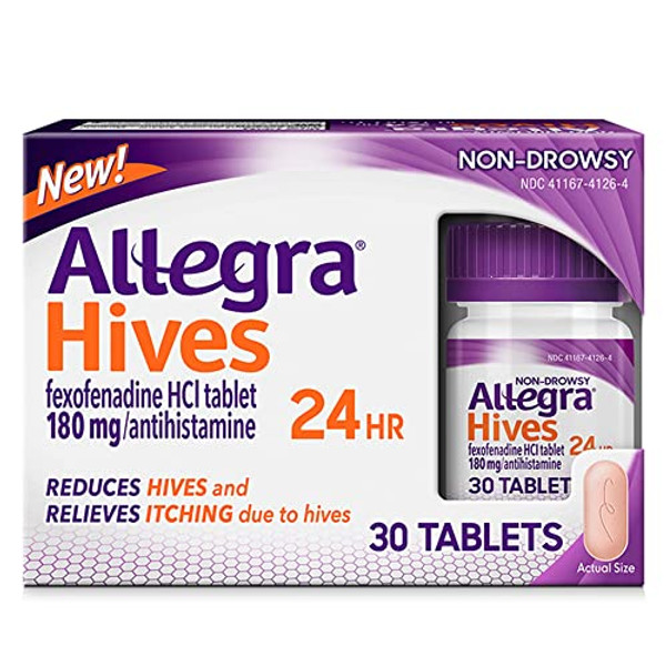 Allegra Hives Non-Drowsy Antihistamine Tablets, 30-Count, 24Hr Hives Reduction & Itch Relief, 180Mg