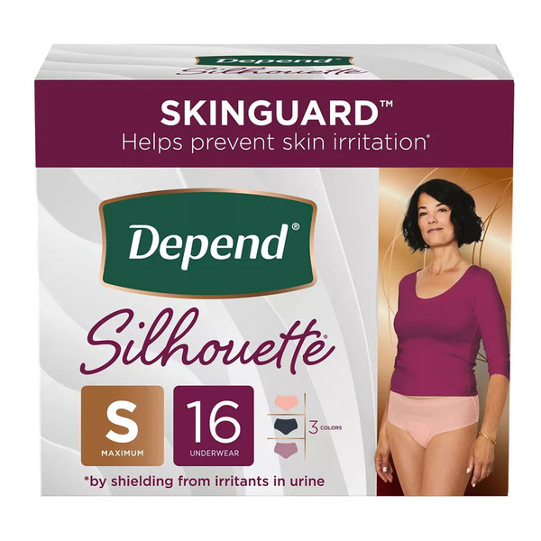Depend Silhouette Adult Incontinence And Postpartum Underwear For Women, Small (2634 Waist), Maximum Absorbency, Black/Pink/Berry, 16 Count