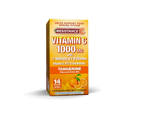 Resistance C Vitamin C Stick Packs, 16 Nutrients & 7 B-Vitamins, Help Support Immune System, Powerful Antioxidants, Contains Electrolytes, Tangerine Flavor, 14 Stick Packs.