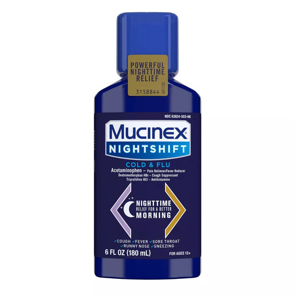 Mucinexâ® Nightshiftâ® Cold & Flu Liquid 6 Fl. Oz. Relieves Pain, Fever, Sneezing, Sore Throat, Runny Nose, And Cough