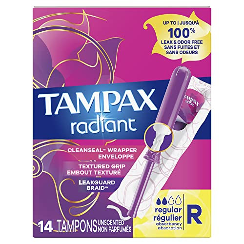 Tampax Radiant Tampons Regular Absorbency With Bpa-Free Plastic Applicator And Leakguard Braid, Unscented, 14 Count