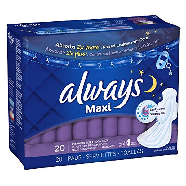 Always Maxi Overnight Pads With Wings, Size 5, Extra Heavy Overnight, Unscented, 20 Count