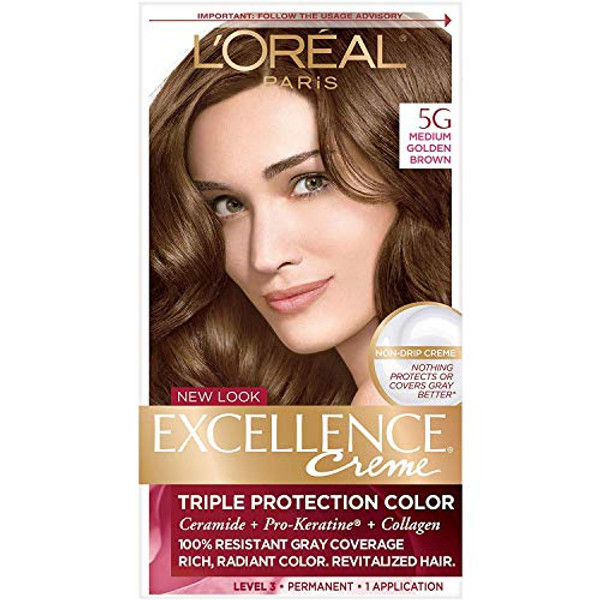 L'Oreal Paris Excellence Creme Permanent Triple Care Hair Color, 5G Medium Golden Brown, 1 Kit
