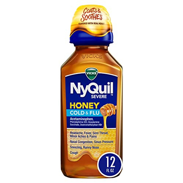 Vicks Nyquil Severe Honey Flavored Cold & Flu Liquid Medicine, Maximum Strength 9-Symptom Nighttime Relief, 12 Fl Oz