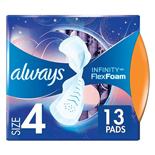 Always Infinity Feminine Pads For Women, Size 4 Overnight, With Wings, Unscented, 13 Ct