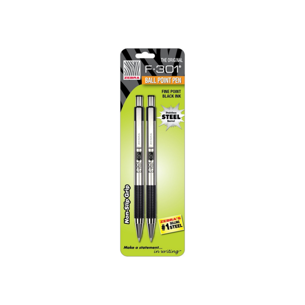 Zebra F-301 Stainless Steel Retractable Ballpoint Pen, 0.7Mm, Black 2 Ea