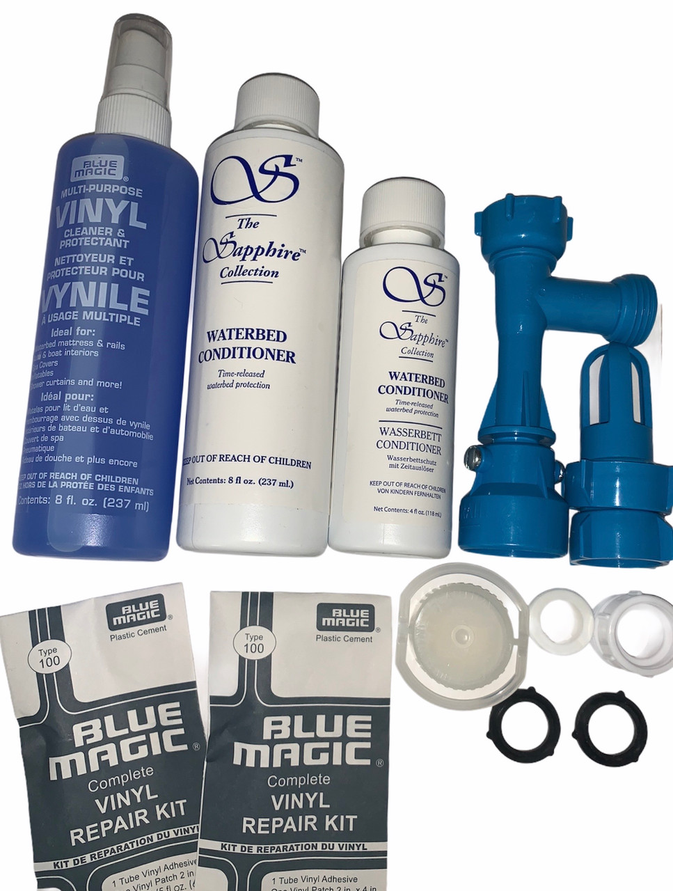 Waterbed Accessories Bundle includes Waterbed Conditoiner Fill-Drain Kit Pull Cap and Seal Repair Kits