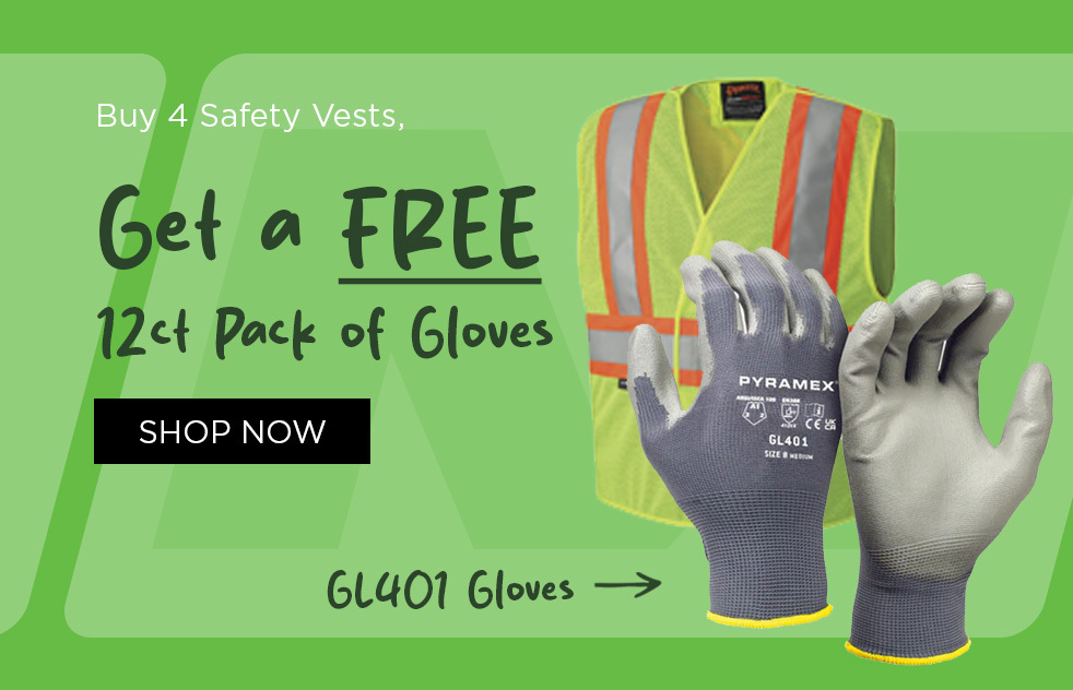 Buy 4 Safety Vests, get a FREE 12ct Pack of GL401 Gloves