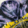 Close up of the inside collar of our black and purple tie dye crewneck t-shirt with Jimmy Page "Gold Double Neck" tee.