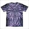 Back view of our custom black and purple tie dye crewneck t-shirt with Jimmy Page \"Gold Double Neck\" graphic printed on the front.