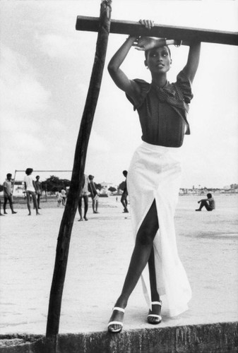 1970\'s fashion shoot on the beach with super model Iman