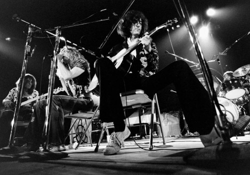 Led Zeppelin sitting downstage at the Forum in 1972