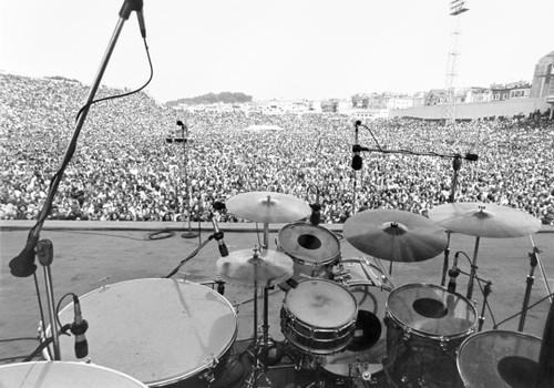 John Bonham's drum kit moments before the Led Zeppelin Concert at Kezar Stadium in 1973.