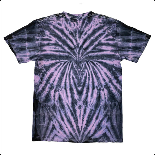 Back view of our custom black and purple tie dye crewneck t-shirt with Jimmy Page "Gold Double Neck" graphic printed on the front.