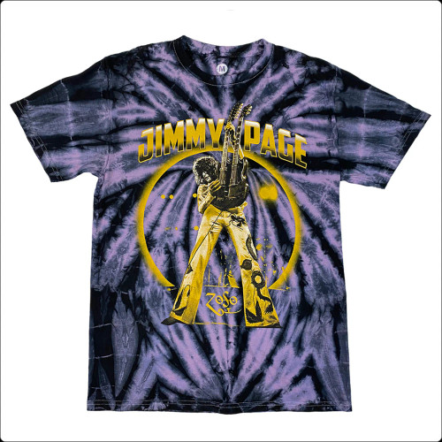 This is a custom black and purple tie dye crewneck t-shirt with Jimmy Page "Gold Double Neck" graphic printed on the front.