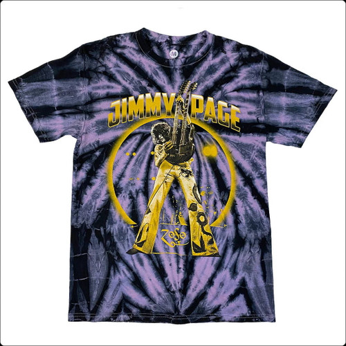 This is a custom black and purple tie dye crewneck t-shirt with Jimmy Page \"Gold Double Neck\" graphic printed on the front.