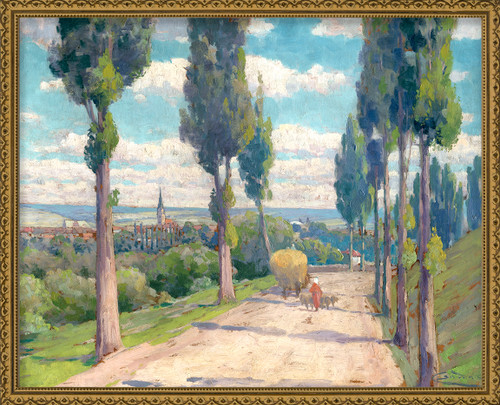 a sun-filled road lined with tall poplars draws the eye toward the town's distant rooftops and church steeple, the whole composition held together by a lyrical sense of light filtering through the canopy.