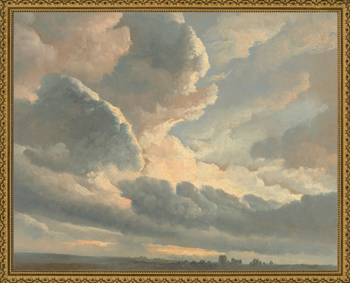 Painting with dark gray undersides of the clouds pressing against soft peach and gold where the light forces through, with just a thin strip of Roman landscape