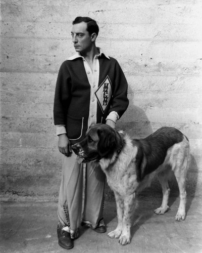 Buster Keaton 1931 publicity still with his pet St. Bernard “Elmer” who played with him in the MGM talkie Parlor, Bedroom and Bath.