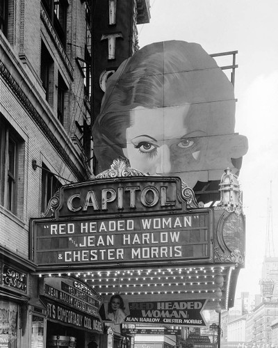 Outside shot of Capitol Theater Marquee of Jean Harlow starring in Red-Hooded Woman, 1932