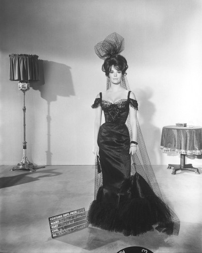 Natalie Wood photo, wardrobe test shot for The Great Race.
Natalie Wood’s lady like pose and her beautiful costume give no hint of the absolute romp that was about to be unleashed on the public by this film. Natalie was teamed with Tony Curtis, Jack Lemmon, and Peter Falk in this Blake Edwards bit of madness. The truly legendary Edith Head (34 Oscar nominations with 8 awards) designed the gowns. Natalie changes costume in almost every scene and her clothes became one of the film’s great stars.