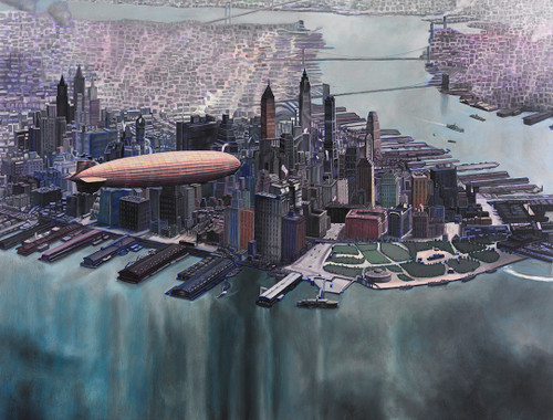 Blue City II by Michael A. Rosenfeld. Zeppelin floats over New York City | Fine Art print