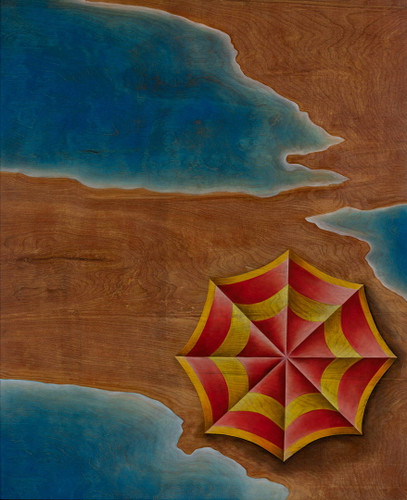 Jacksonville by Tori White | Travel Art | Red and yellow beach umbrella near the blue sea.