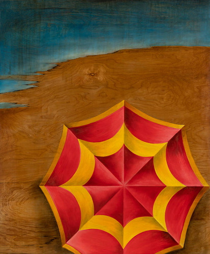 Amalfi by Tori White | Travel Art | Red and yellow beach umbrella by the blue sea | Fine Art print