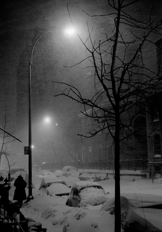 Man in Blizzard by Drew Carolan: Atmospheric black and white photography of a solitary figure walking through the NYC Blizzard of 1982. High-contrast night scene with streetlights illuminating falling snow.