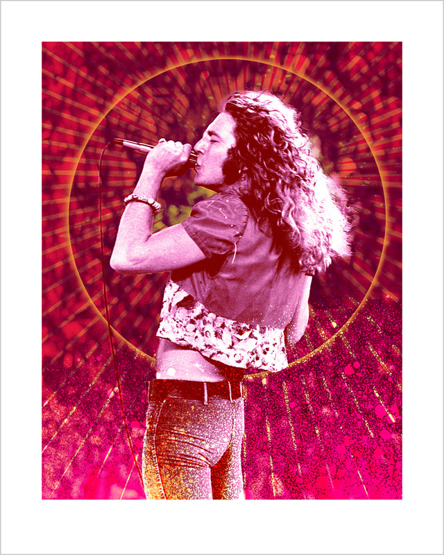 Art collaboration between the street Artist Marcel 'SEL' Blanco and photographer Jeffrey Mayer. This image of Robert Plant is based on a photograph from the Led Zeppelin 1973 concert at Kezar Stadium in San Francisco.