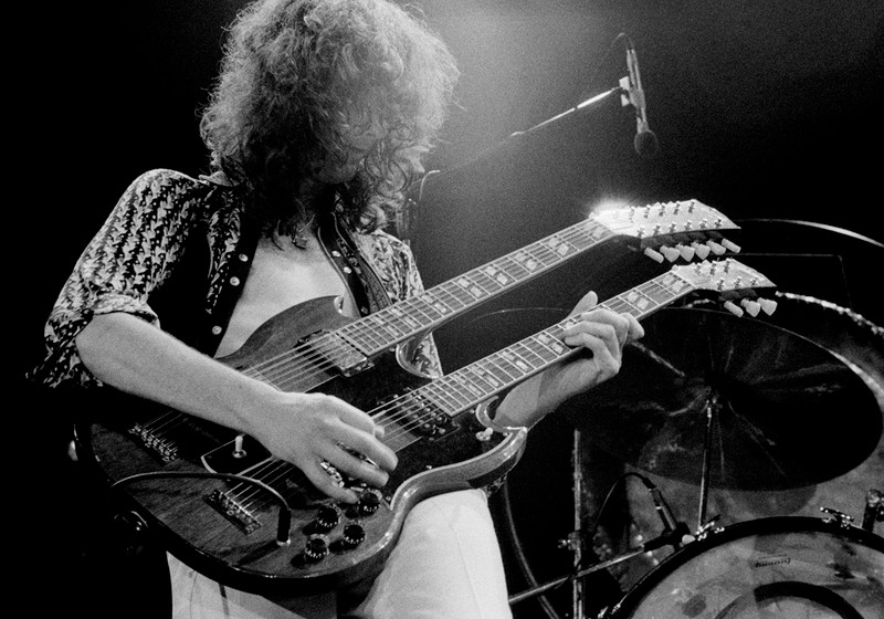 Jimmy Page in concert with Led Zeppelin in Long Beach, Calif. in 1975.