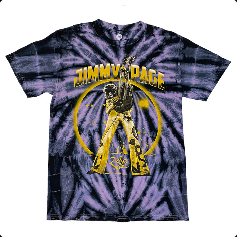 This is a custom black and purple tie dye crewneck t-shirt with Jimmy Page "Gold Double Neck" graphic printed on the front.