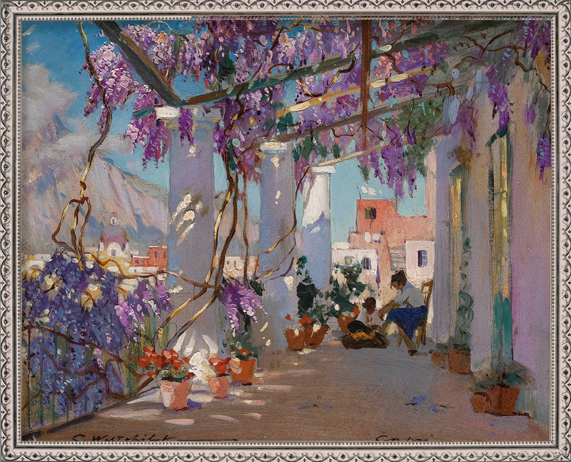 a sun-drenched Mediterranean terrace draped in vibrant purple wisteria, overlooking a coastal Italian landscape.