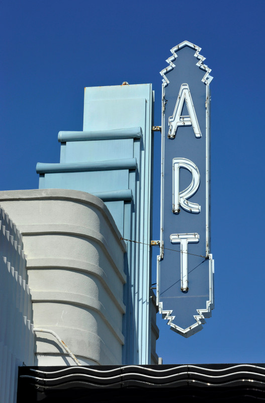 Fine art architectural photograph by Robert Landau of the Streamline Moderne facade and neon "ART" blade sign of the Art Theatre in Long Beach.