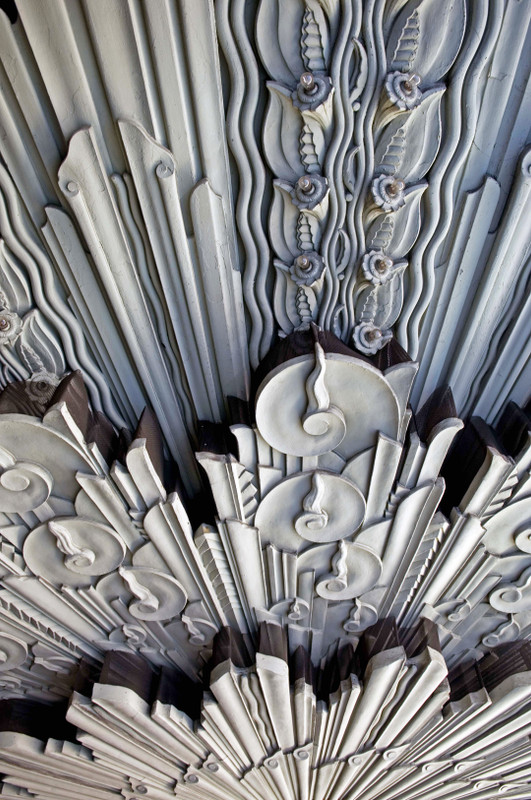 Detail of the ornate ceiling of the 1931 Wiltern Theatre and its adjoining Pellissier Building in Los Angeles