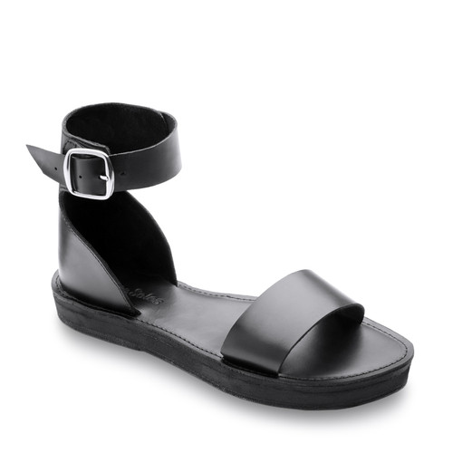 Front side view of the Camila Leather Flatform sandal that is ethically made by Brave Soles in black color