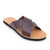 Front side view of the Constanza sustainably made leather slide sandal from Brave Soles in caramel color