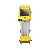 Slightly Elevated Image Showing Rubbermaid Slim Jim Rim Caddy in Yellow Fitted to Grey Slim Jim on a Dolly