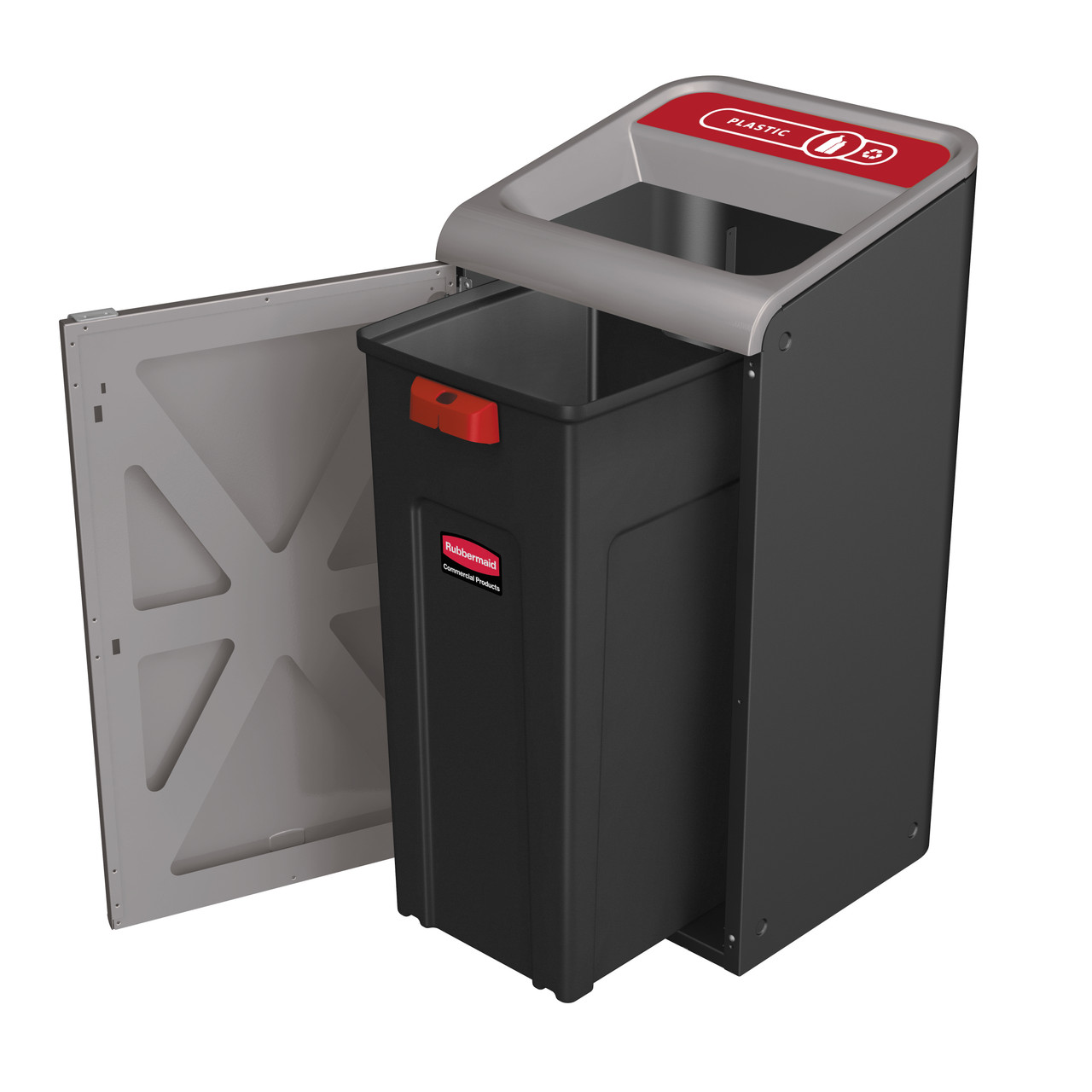 2154725 - Rubbermaid Configure Container with Plastic Recycling Label - 57 Ltr - Red - Door Open with Rigid Liner Exposed