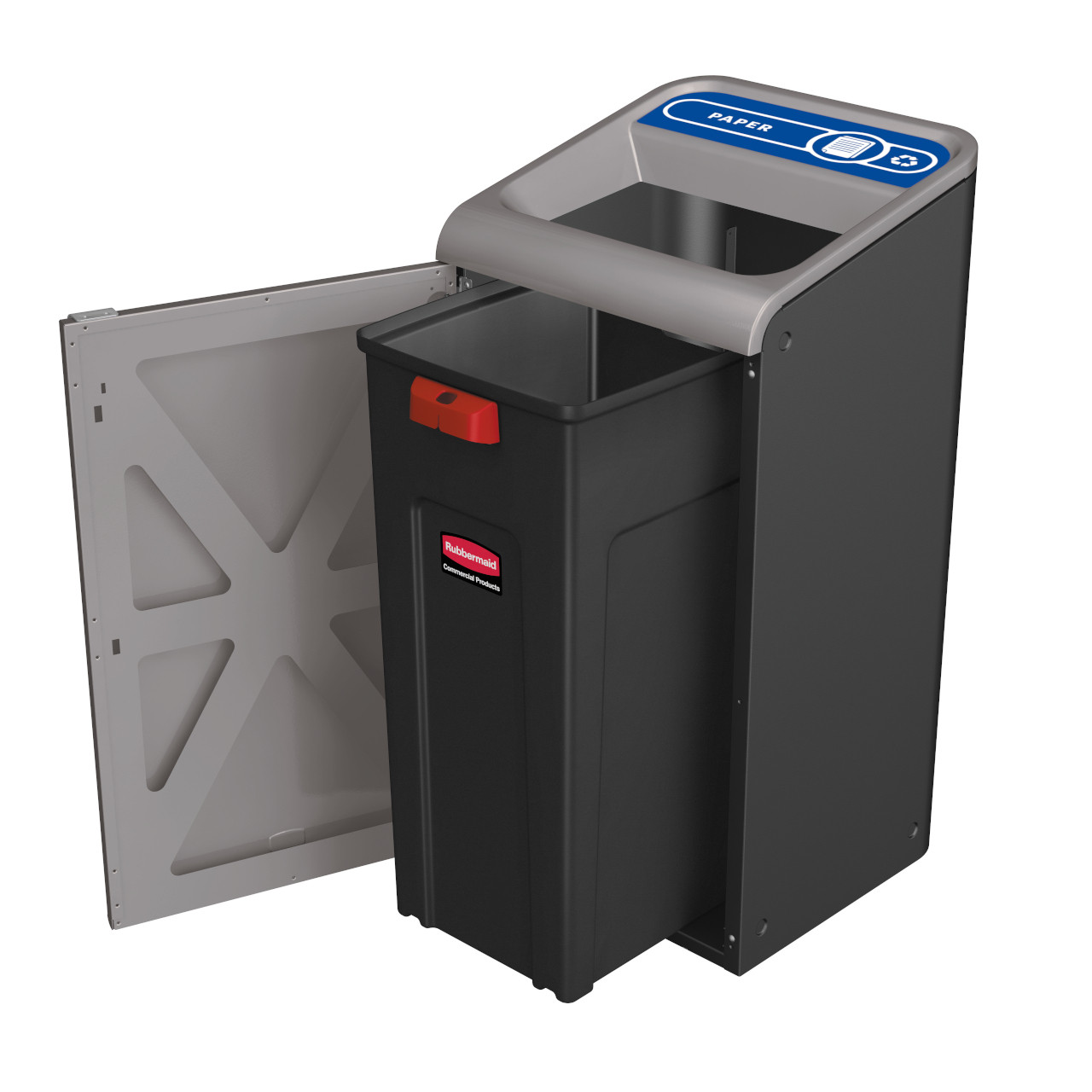 2154726 - Rubbermaid Configure Container with Paper Recycling Label - 57 Ltr - Blue - Door Open with Rigid Liner Exposed