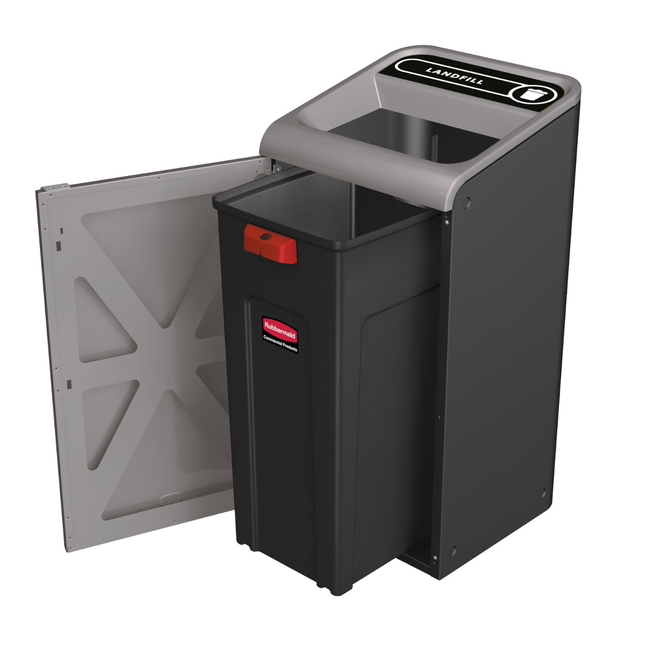 2154730 - Rubbermaid Configure Container with Landfill Label - 57 Ltr - Black - Door Open Showing Removable Liner
