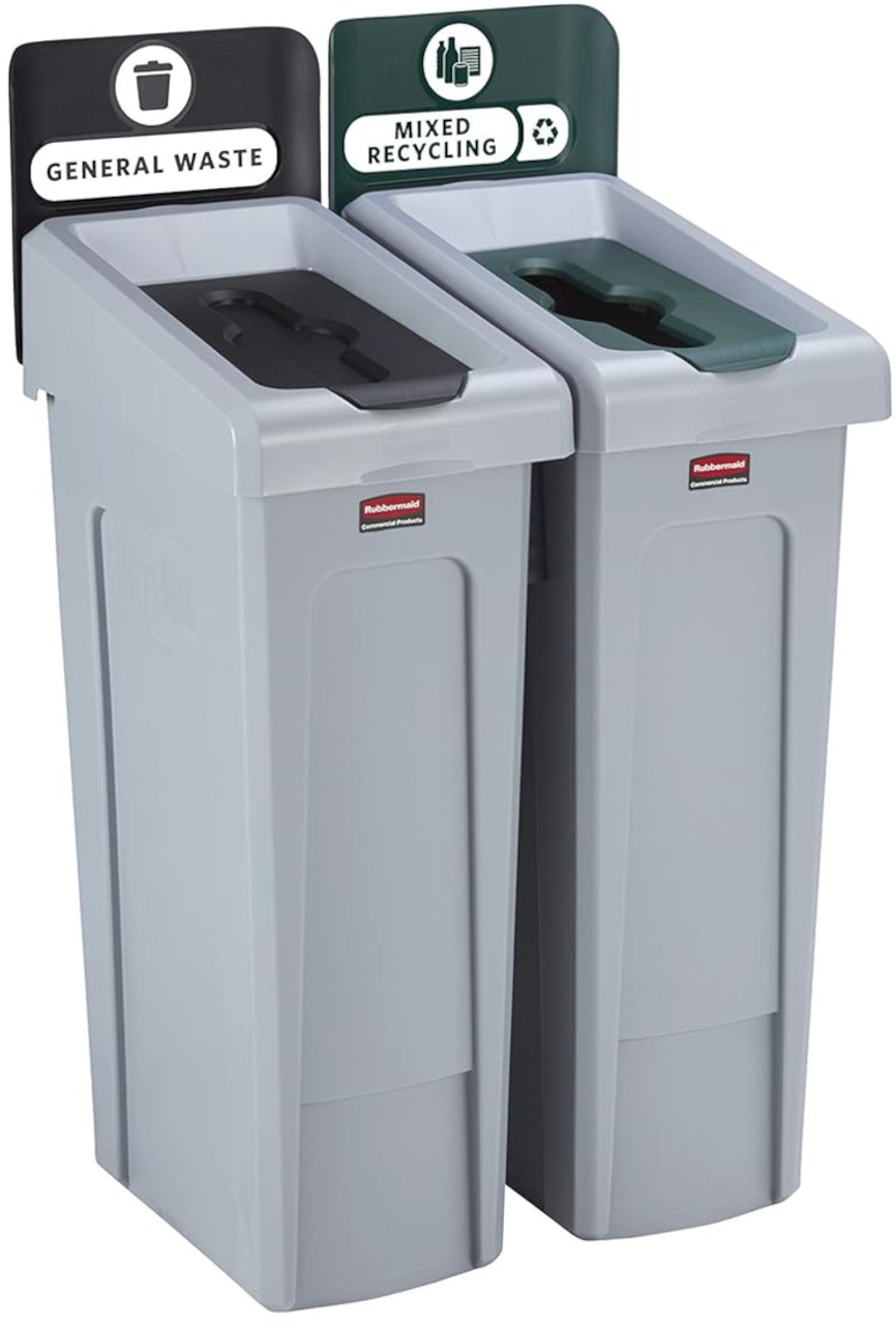 2129601 - Rubbermaid Slim Jim 2-Stream Recycling Station Bundle - General Waste/Mixed Recycling