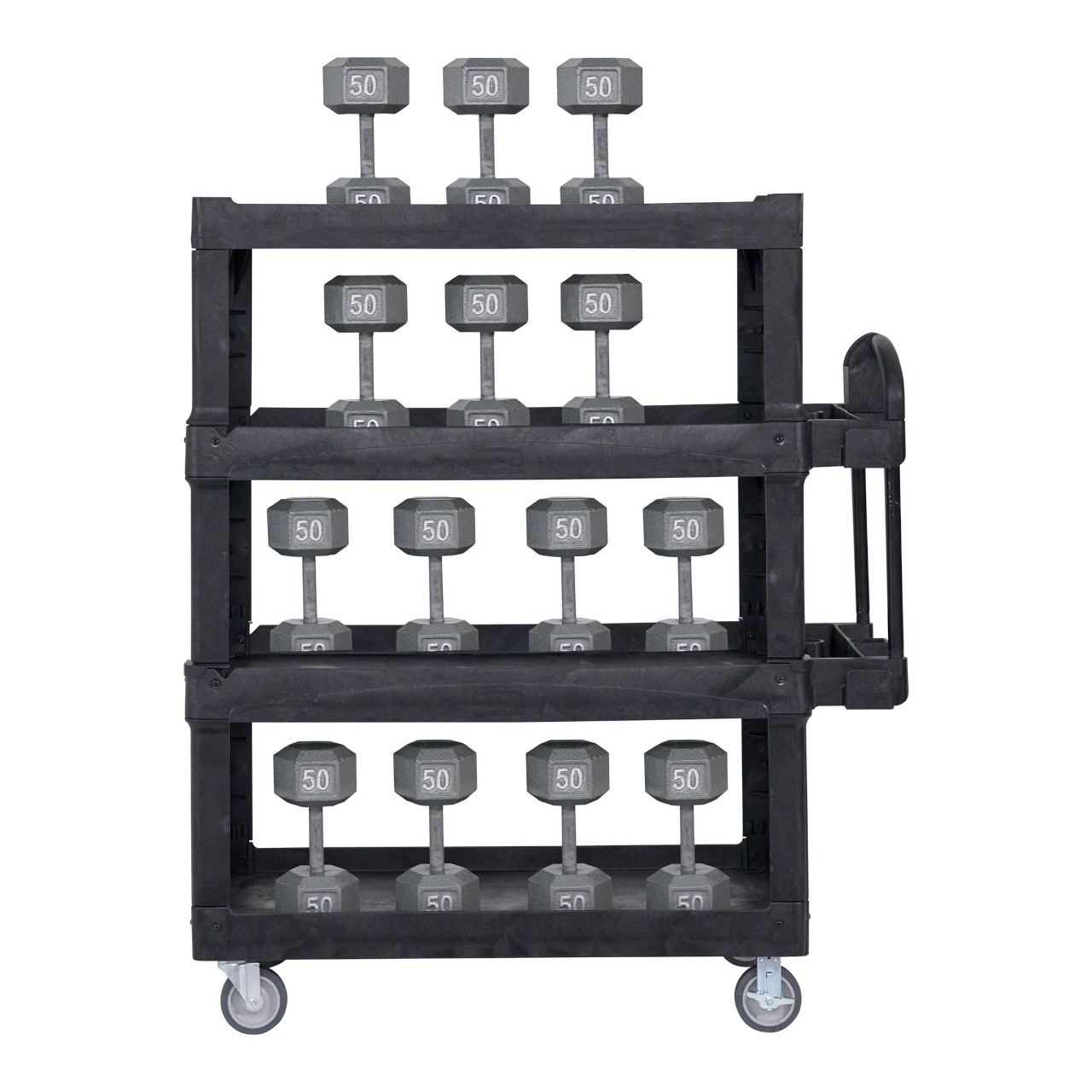 2128657 - Rubbermaid BRUTE Heavy-Duty Ergo Utility Cart - 4-Shelf - Black - Loaded with Dumbells