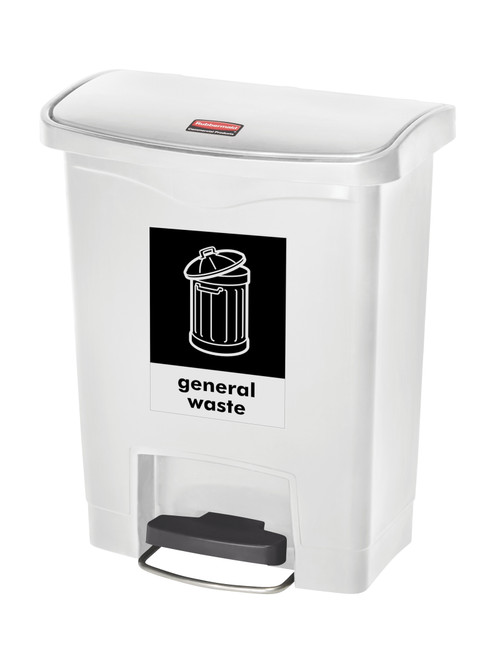 Rubbermaid Slim Jim Front Step Pedal Bin with A4 General Waste Sticker - 30 Ltr - White